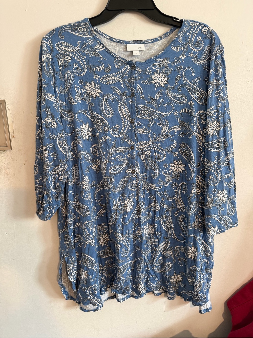 J. Jill Blue White Paisley Button Neck Round Neck 3/4 Sleeve Knit Tunic XL